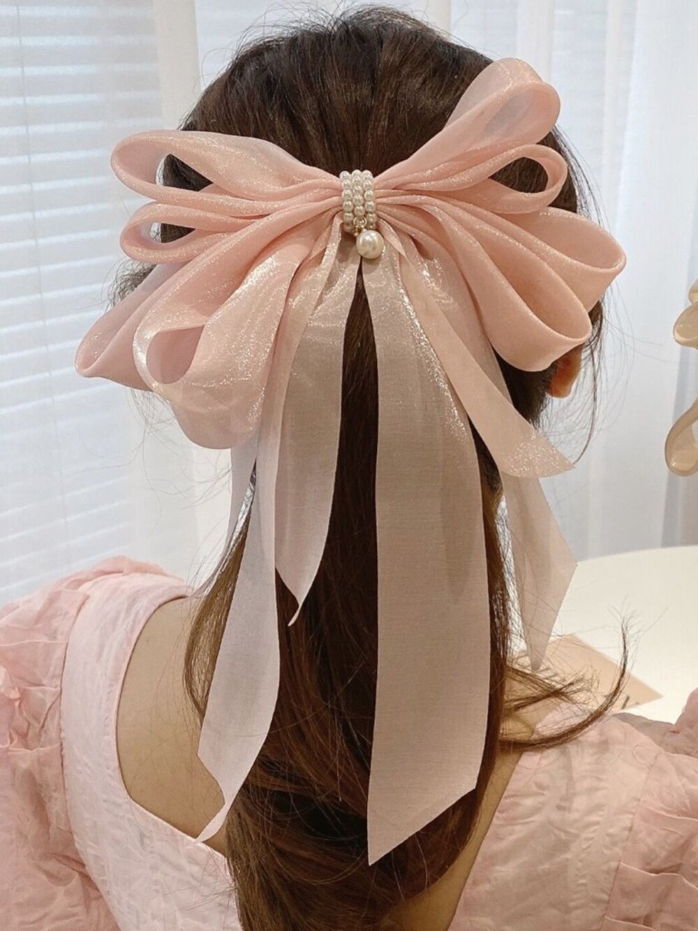 5/$20 Pink Ribbon Bow Hair Clip with Faux Pearl Accent Coquette Hairpin Barrette